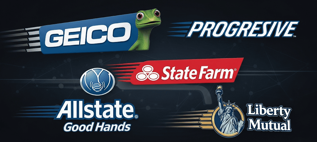 Insurance comparison interface showing various car insurance carrier logos and price points